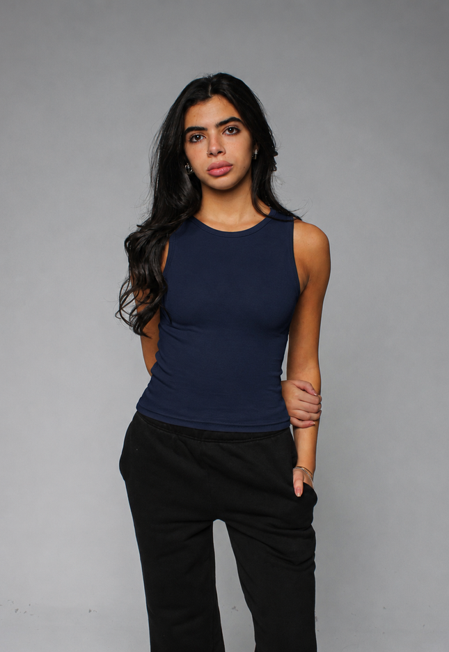 Ribbed Thick Strap Crew Neck Top