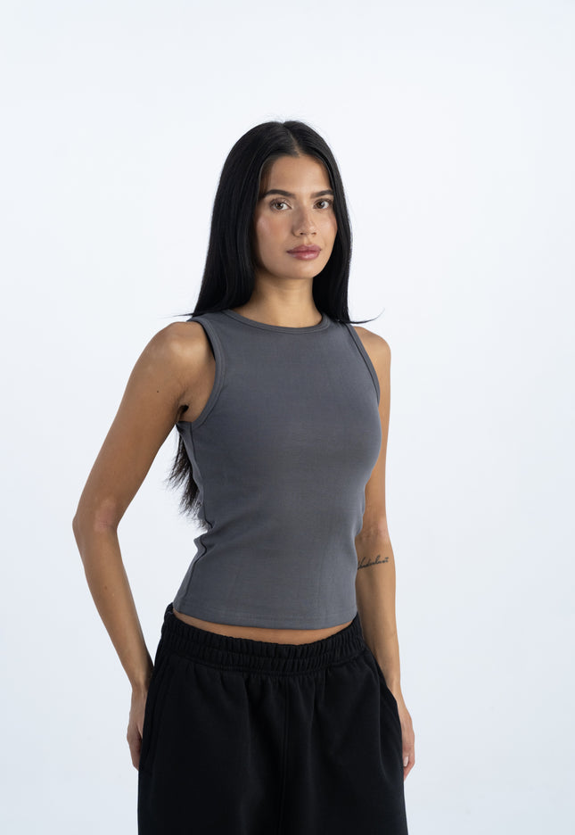 Sculpted Ribbed Thick Strap Crew Neck Top