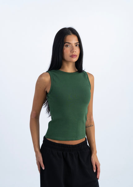 Sculpted Ribbed Thick Strap Crew Neck Top