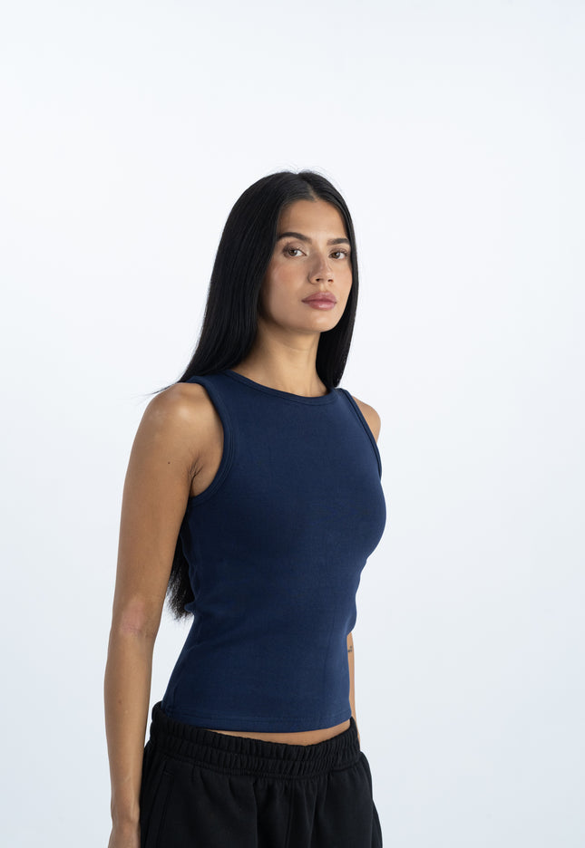 Sculpted Ribbed Thick Strap Crew Neck Top